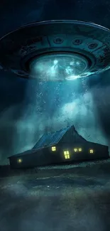 UFO hovering over a house under a starry night sky, emitting a blue glow.