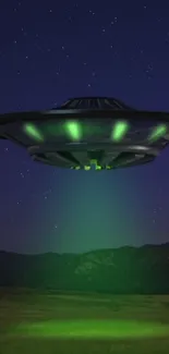 A UFO with a green glow hovering in a starry night sky.