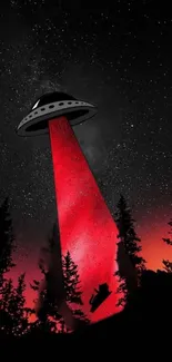 Red-beamed UFO hovering over a starry forest at night.