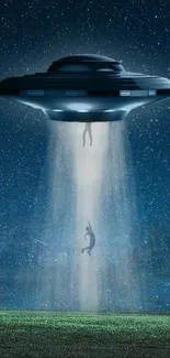 UFO abduction scene with starry night sky background.