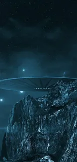 Surreal UFO scene with midnight blue sky.