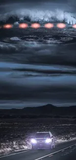 Car on road under UFO-lit night sky with glowing clouds.