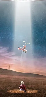 UFO beaming bicycle into night sky.