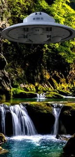 UFO hovers over a scenic waterfall with lush greenery.