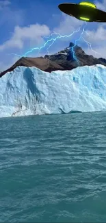 UFO hovers over icy glacier against a blue sky in this captivating wallpaper.