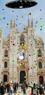 Surreal UFO scene over Milan Cathedral with colorful confetti.