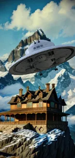 UFO hovering over mountain house with blue sky.