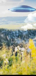 UFO flying over a beautiful mountain landscape.