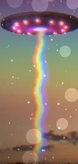 Mobile wallpaper of UFO with a rainbow beam in the sky.