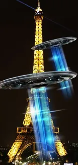 UFOs hovering over illuminated Eiffel Tower at night in Paris.