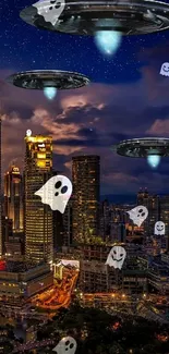 UFOs hover over city skyline at night.