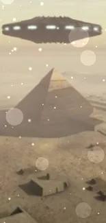 UFOs hovering over Egyptian pyramids in a desert landscape.