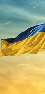 Ukrainian flag waving against blue and yellow sky with a bird flying.