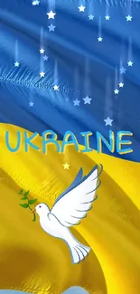 Ukraine flag with a peace dove symbol fluttering in the sky.