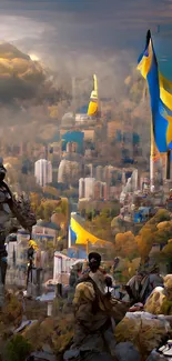 Artistic cityscape with Ukrainian flags and blue sky.