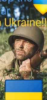 Ukrainian soldier with flag and peace message wallpaper.