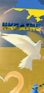 White dove with Ukrainian flag background and yellow heart motif.