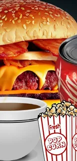 Delicious burger with cola can and coffee.