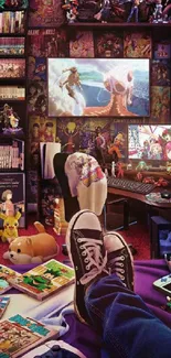 Vibrant anime gaming room with consoles, figures, and manga collection.