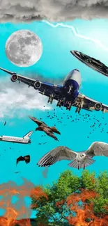 Surreal sky wallpaper with planes and birds in a vibrant turquoise sky.