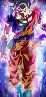 Anime character with Ultra Instinct aura in dynamic pose.