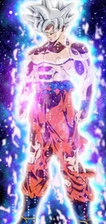 Anime character with Ultra Instinct aura in cosmic background wallpaper.