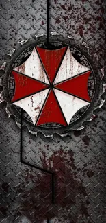 Red and white Umbrella emblem on dark metal background with grunge texture.
