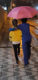 Two friends walk under a pink umbrella on a rainy night.