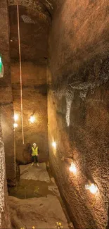 A person exploring an underground cavern with dim lighting and rocky walls.