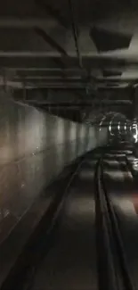 Dark underground tunnel with railway tracks.