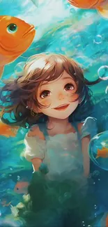 Joyful girl underwater with fish in vibrant scene.