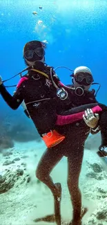 Two scuba divers explore underwater adventure in the ocean.