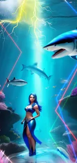 Fantasy underwater scene with warrior and sharks, neon colors.