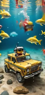 Whimsical underwater scene with toy truck and colorful fish on a sandy ocean floor.