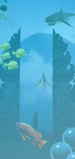 Blue underwater wallpaper with sharks and fish.