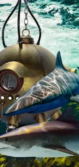 Underwater scene with sharks and vintage diving helmet.