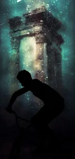 Silhouette of biker near underwater ancient columns in mystical scene.