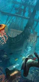 Underwater scene with shipwreck and marine life, perfect for adventure lovers.