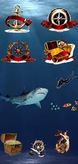 Underwater scene with marine life, treasure, and nautical icons on a deep blue background.