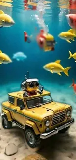 Whimsical robot driving a jeep underwater with cartoon fish.