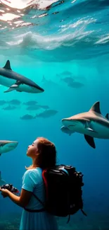 Girl exploring underwater surrounded by sharks.