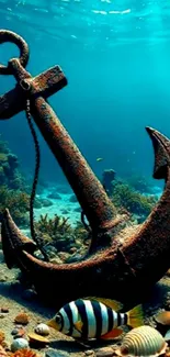 Underwater scene with a rusted anchor and marine life.