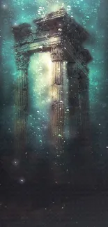 Underwater ancient columns in a blue, mystical scene with serene aqua glow.