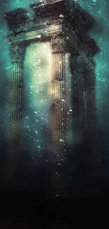 Underwater scene with ancient columns enveloped in teal blue hues.