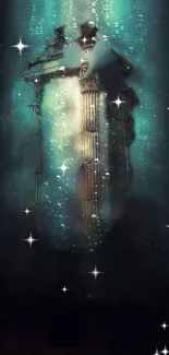 Ancient pillar underwater surrounded by stars in a teal-hued scene.