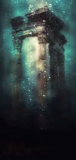 Underwater ancient pillars in a mystical setting with teal hues and bubbles.