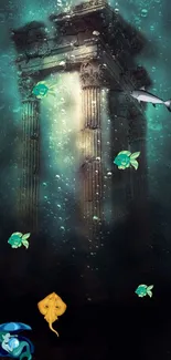 Artistic underwater ruins with fish and teal hues.