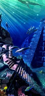 Dolphins swim around underwater Mayan ruins surrounded by vibrant coral reefs.