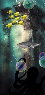 Underwater scene with shark, ruins, and fish in a mystical Atlantis setting.