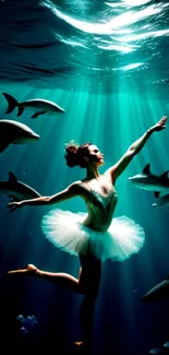 Ballet dancer gracefully poses underwater surrounded by sharks, showcasing elegance.